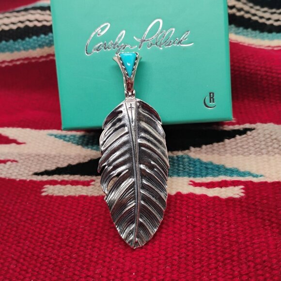 Fritz Casuse Carolyn Pollack Sterling Silver Turquoise Prayer Feather Pendant - Picture 1 of 10